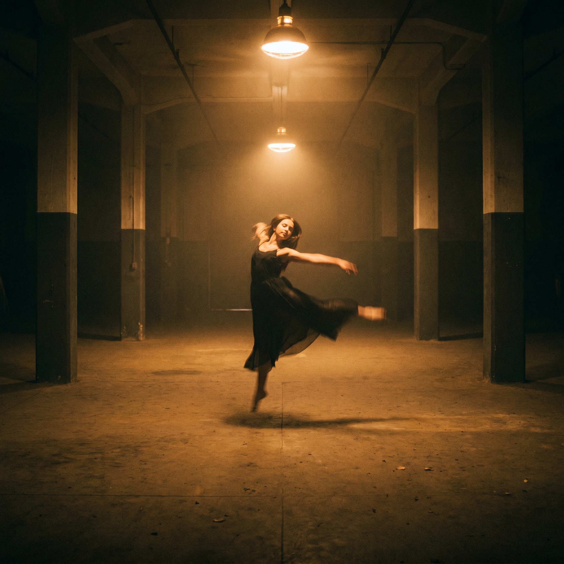 Dancer mid-leap in warehouse