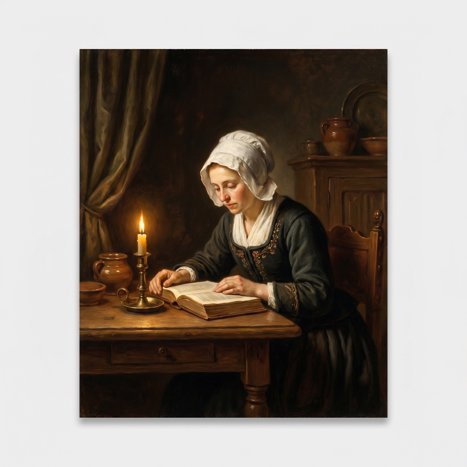 Woman reading by candlelight