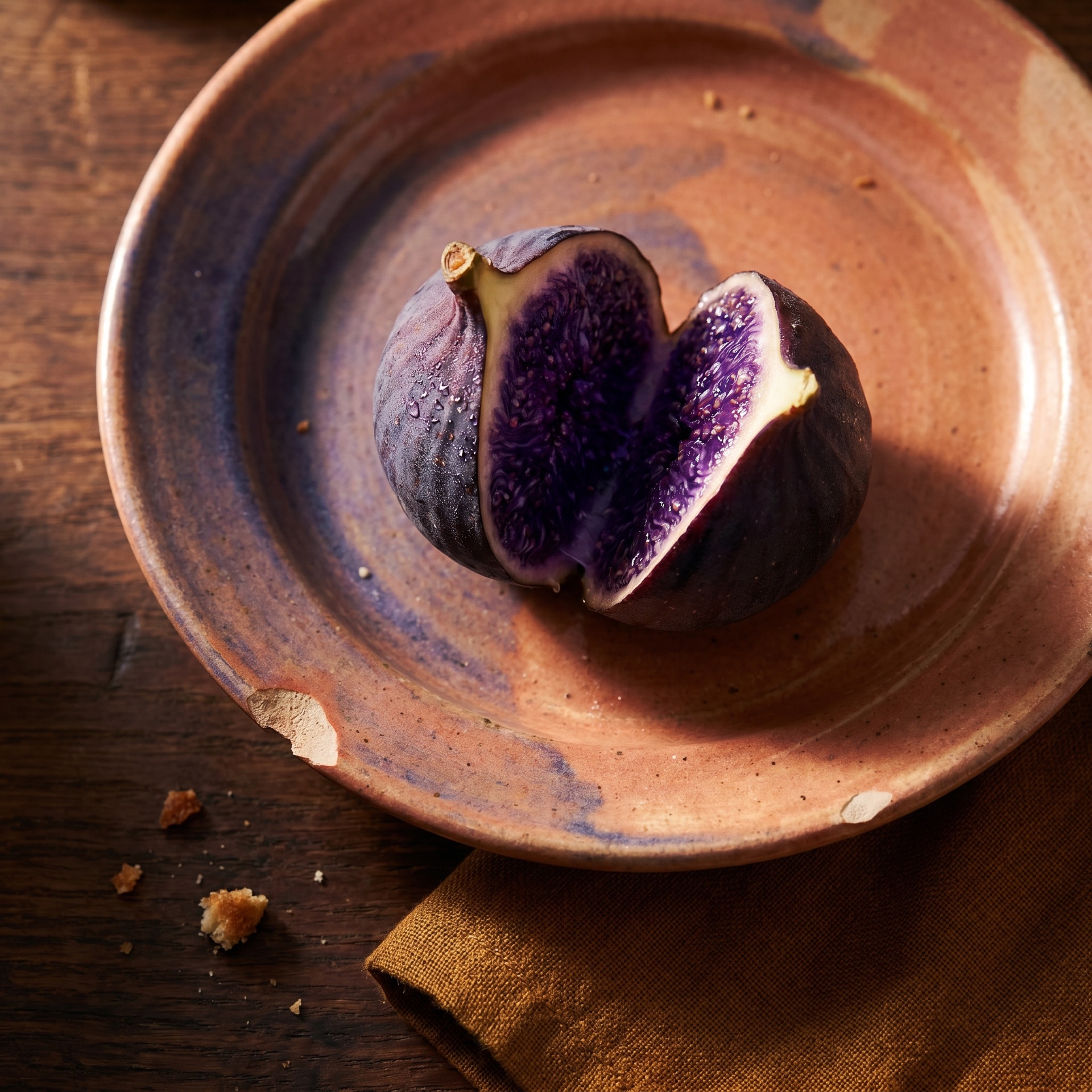 Ripe fig split on ceramic plate