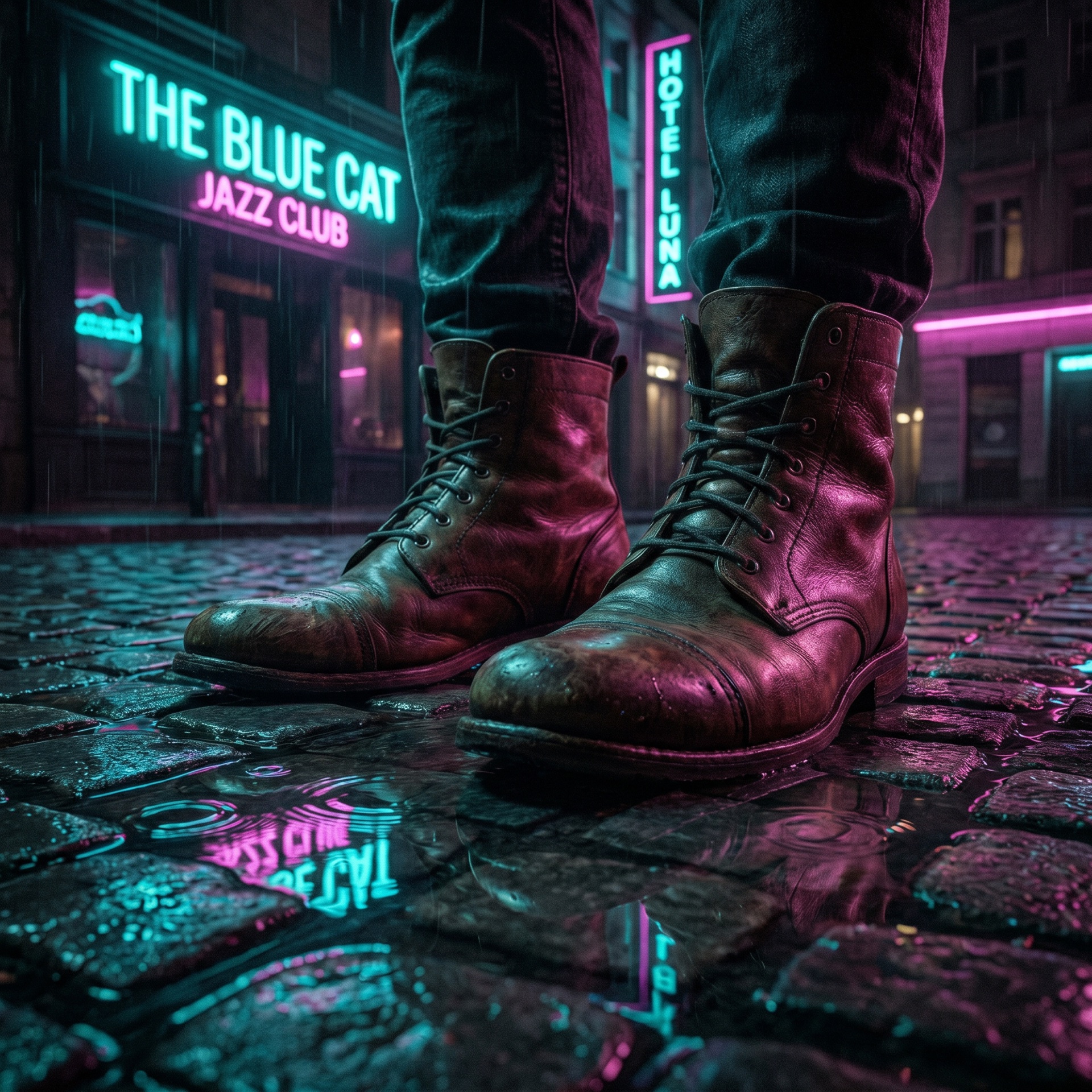 Vintage leather boots on cobblestone