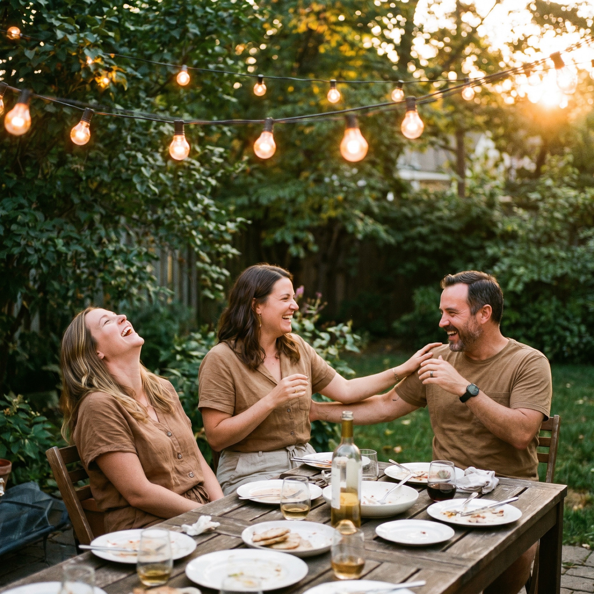 Friends around backyard table