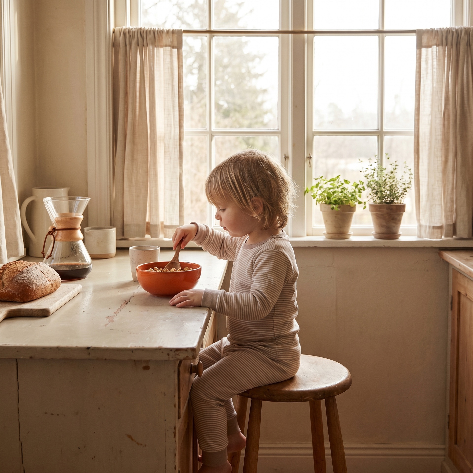 Child eating cereal at counter